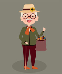 Warming Season Illustration with Grandfather Holding Shopping Bag at Pumpkins