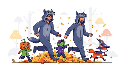 Whimsical Halloween Run: In a vibrant illustration, a playful scene unfolds with a group of costumed characters embarking on an energetic run through a colorful autumn landscape.