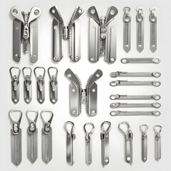 Grid Display of Metallic Zipper Components Including Sliders, Pulls, and Teeth Mechanisms on Light Background