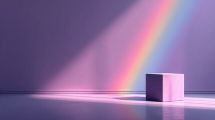 A serene purple room featuring a solitary cube illuminated by a gentle rainbow beam and soft lighting.