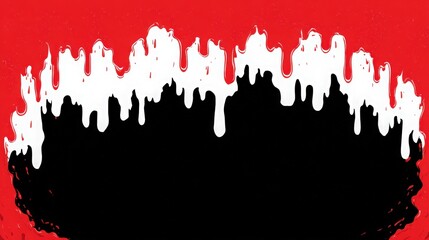 An abstract design featuring a bold red background with white drip effects atop a deep black base.