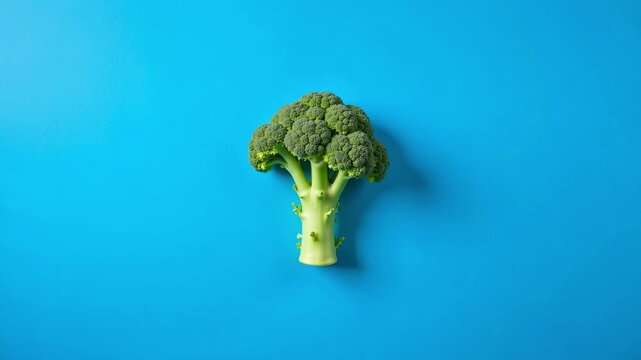 Fresh broccoli close-up reveals vibrant texture and color, slowly zooming out against a stunning blue backdrop for a modern, healthy food video