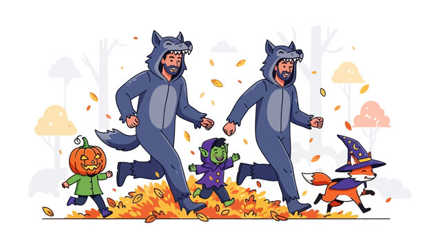 Whimsical Halloween Run: In a vibrant illustration, a playful scene unfolds with a group of costumed characters embarking on an energetic run through a colorful autumn landscape.