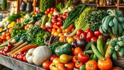 Colorful assortment of fresh vegetables neatly arranged on a rustic wooden market stall.