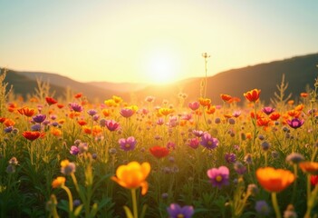 Naklejka premium Vibrant Colorful Wildflowers Blooming in a Sunlit Meadow Nature Landscape Radiating Joy and Beauty