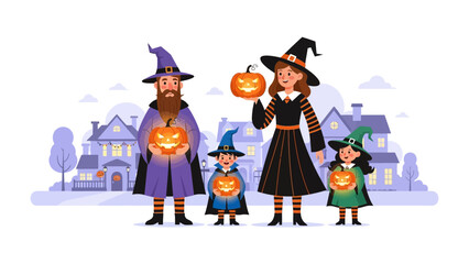 Halloween Family Festivities: A charming family dressed in festive attire, adorned with witch hats and carrying carved pumpkins, stands before a quaint neighborhood.