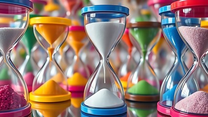 Colorful overlapping hourglasses with upward-flowing sand, depicting the unique perception of time in ADHD.
