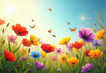 Vibrant Colorful Wildflowers Blooming in Sunlit Meadow Exuding Natural Beauty and Serenity