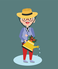  Illustration with Grandfather Wearing a Hat and Holding a Watering Can Flowers