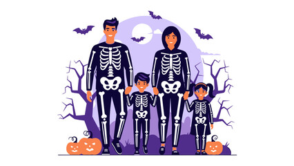 Spooky Family Halloween: A family dressed in skeleton costumes stands united against a backdrop of a full moon, creating a whimsical yet eerie Halloween scene. 