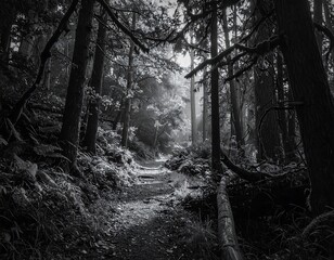 Mysterious Forest Path Unveiled in Monochrome