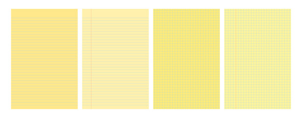 Set of yellow legal pad pages with lined or grid designs