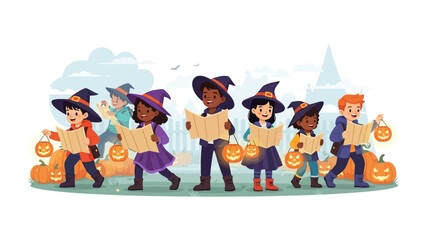 Halloween Adventure: A group of diverse children, dressed as witches and wizards, embark on a spooky Halloween adventure, guided by maps and illuminated by jack-o'-lanterns.