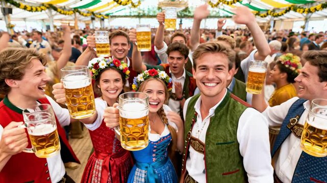 Happy friends in traditional dirndl and lederhosen take a selfie with beer steins in a crowded tent, celebrating a traditional folk festival and german cultural heritage