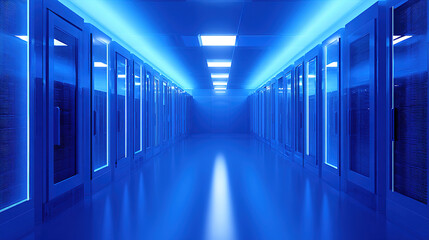 An abstract view of a server room with a atmospheric glow from numerous blue LED lights creating a gradient effect.