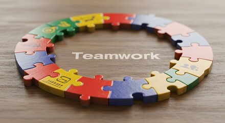 A complete circle of diverse and colorful jigsaw pieces joined together on a wooden background, a metaphor for successful business collaboration and unity