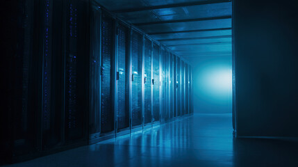 An abstract view of a server room with a atmospheric glow from numerous blue LED lights creating a gradient effect.