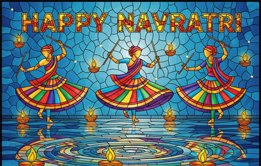 Navratri poster- poster with garba dancers with dandiya in hands and 'Happy Navratri' typography