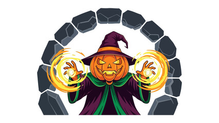 Spooky Pumpkin Wizard: A vibrant illustration features a pumpkin-headed wizard emanating mystical orbs of energy, framed by an archway of imposing stone, and evokes the enchantment of Halloween.