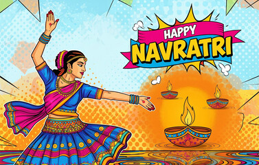 Navratri poster- poster with garba dancers with dandiya in hands and 'Happy Navratri' typography