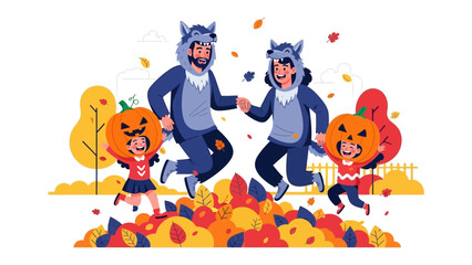 Spooky Family Fun: An illustrated Halloween scene of a family in matching wolf costumes, jumping excitedly amidst a pile of colorful autumn leaves, adorned with pumpkin-headed children.