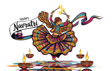 Navratri poster- poster with garba dancers with dandiya in hands and 'Happy Navratri' typography