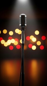 A vintage microphone stand in a brightly lit stage setting with bokeh lights.