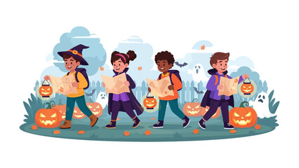 Halloween Adventure: a group of children in whimsical costumes embark on a Halloween quest, map in hand, guided by the enchanting glow of jack-o'-lanterns under a starlit sky.