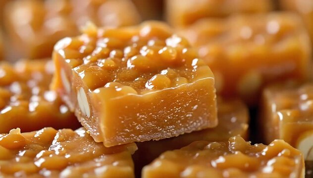 Close up of chikki showing glossy caramelized sugar coating with visible peanut clusters inside 