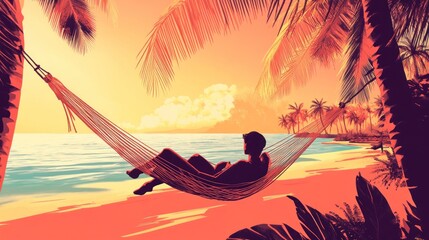 Silhouette of person relaxing in hammock on tropical beach at sunset.