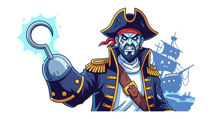 Fototapeta premium Pirate with Hook: A daring illustration of a pirate captain, exuding bravery and swashbuckling spirit, with a detailed hook and a ghostly ship in the background. 
