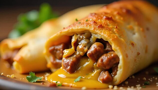 Close up of chimichanga showing crispy golden exterior with gooey cheese and meat filling inside 