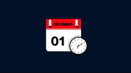 December month 1 date calendar icon animation with clock on transparent background. Calendar icon 01 December HD animation. December month 01 calendar date black screen.