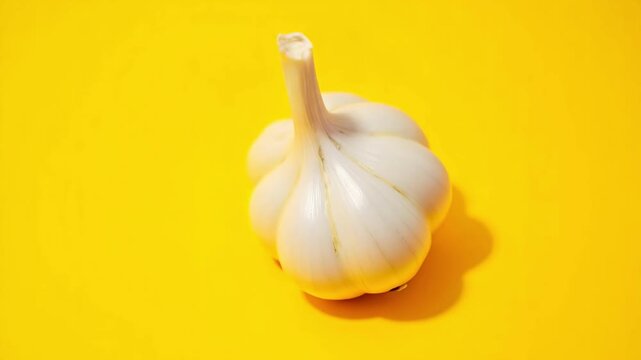 Dynamic garlic clove spinning in vibrant yellow, a fast-paced culinary ingredient creating a fresh, organic food motion background for videos