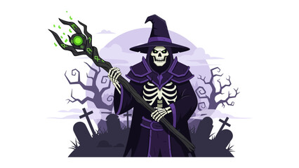 Mystic of the Shadow Realm: A captivating illustration depicts a skeletal figure, adorned in dark attire, gripping a mystical staff amidst a haunting, twilight landscape.
