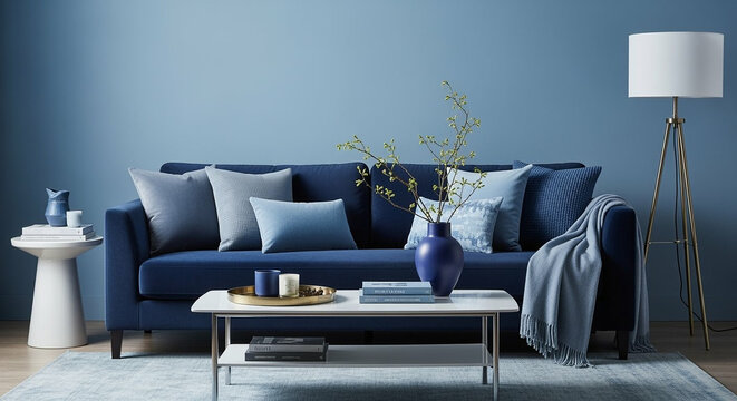 Serene Blue Living Room Interior with Modern Sofa and Decor