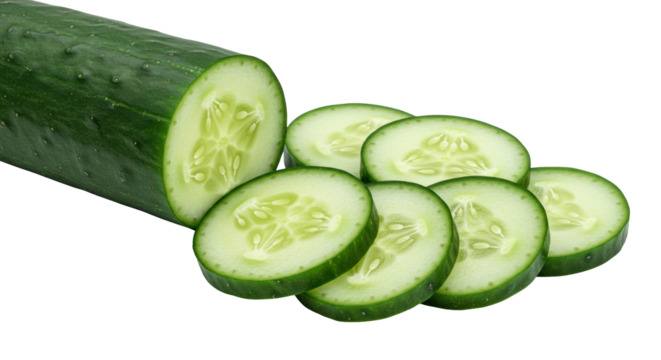 Fresh vibrant green cucumber, partially sliced with fanned out round slices showing pale green flesh and tiny seeds, on a transparent background with copy space, concept of pristine freshness and