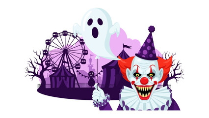 Spooky Carnival: A haunting cartoon illustration of a carnival, featuring a sinister clown, a ghostly apparition, and a Ferris wheel, creating a thrilling and eerie atmosphere.