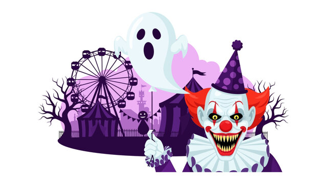 Spooky Carnival: A haunting cartoon illustration of a carnival, featuring a sinister clown, a ghostly apparition, and a Ferris wheel, creating a thrilling and eerie atmosphere.