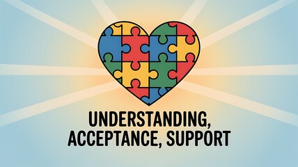 Autism awareness heart made of colorful puzzle pieces with rays of light and message of understanding acceptance support
