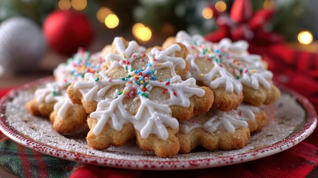 Pile of festive snowflake shaped sugar cookies decorated with white icing and colorful sprinkles on a plate