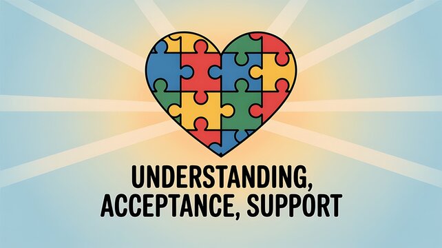 Autism awareness heart made of colorful puzzle pieces with rays of light and message of understanding acceptance support
