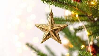 Gold star ornament on Christmas tree