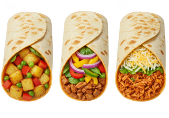 Delicious burritos displayed with colorful fillings for food lovers everywhere transparent background