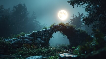 Ancient stone bridge overgrown with greenery under a full moon and misty forest