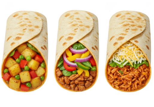 Delicious burritos displayed with colorful fillings for food lovers everywhere transparent background