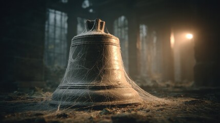 Abandoned bell covered in cobwebs in a dimly lit dusty environment spiderweb
