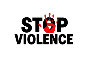 Stop violence message with a red handprint on a transparent background 