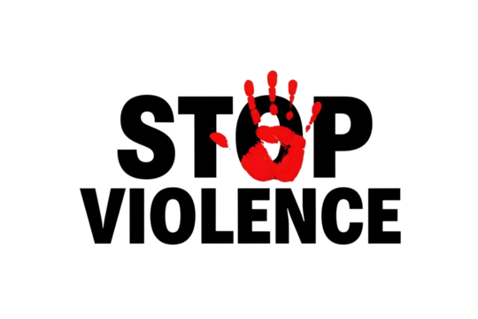 Stop violence message with a red handprint on a transparent background