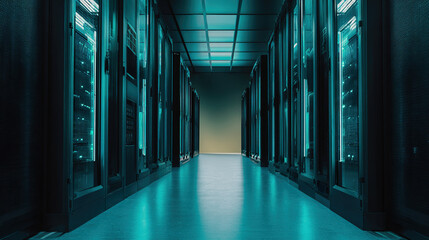 An abstract view of a server room with a atmospheric glow from numerous blue LED lights creating a gradient effect.